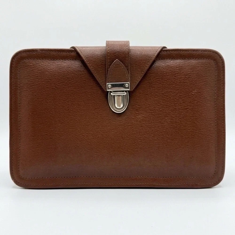 Vtg Made in England Brown‎ Real Leather Mini Travel Vanity Case Grooming Bag Box